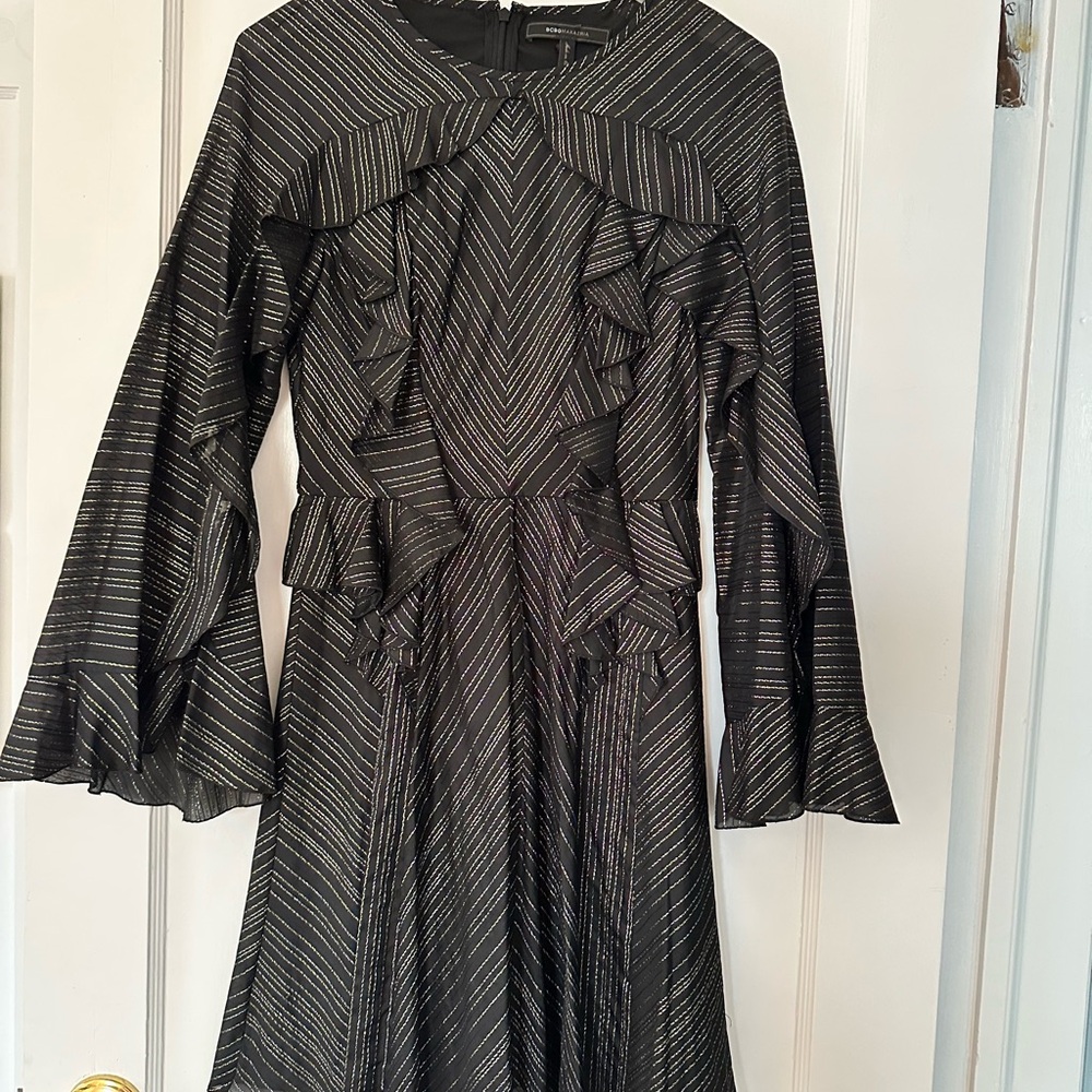 BCBGMaxAzria Black Long Sleeve Dress with Ruffle Accents